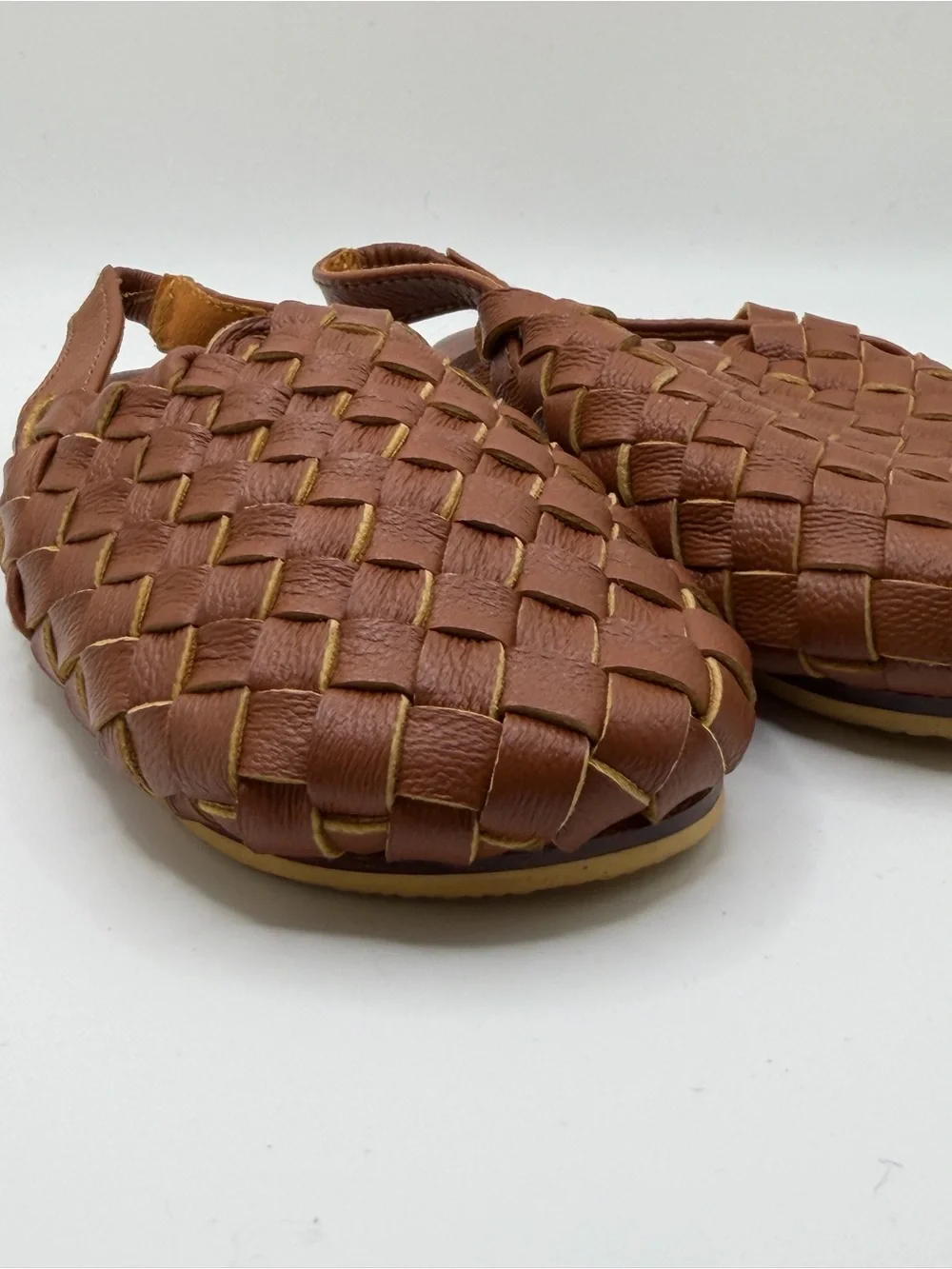 Kids Brown Woven Leather Slip-On Sandals (run small)